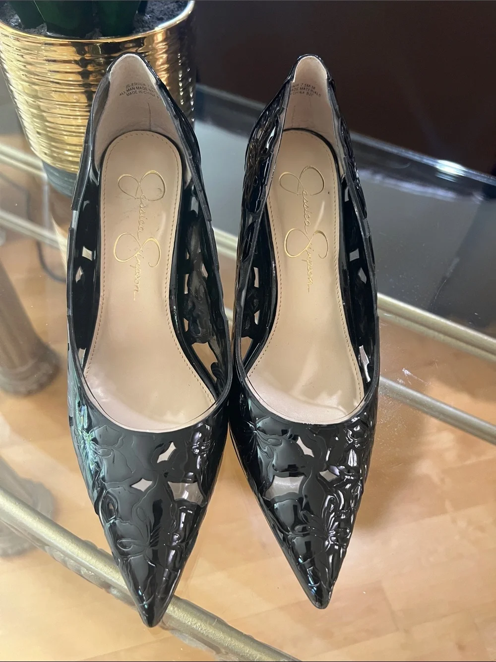 Jessica Simpson Black Patent Pointed Toe Pumps with Floral Embossing